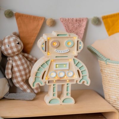 Lampada robot in legno con luce calda per cameretta bambini