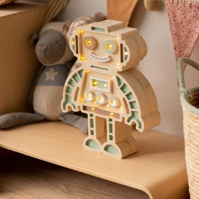Lampada robot in legno con luce calda per cameretta bambini